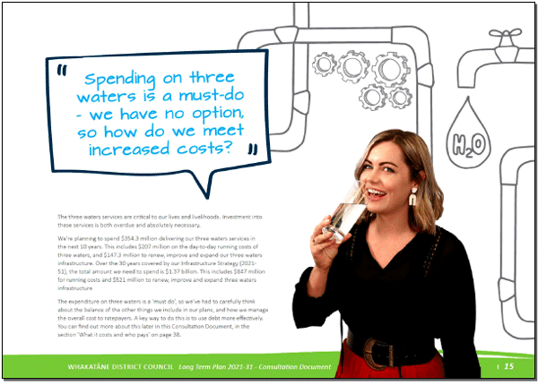 An extract from Whakatāne District Council’s consultation document, The journey forward: Ka anga whakatamua, using an engaging illustration and plain English to convey the importance of investment in water assets.
