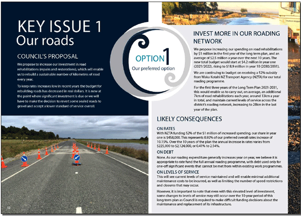 An extract from It’s time Southland/Murihiku, showing how options were linked to their likely consequences – on rates, on debt, and on levels of service.